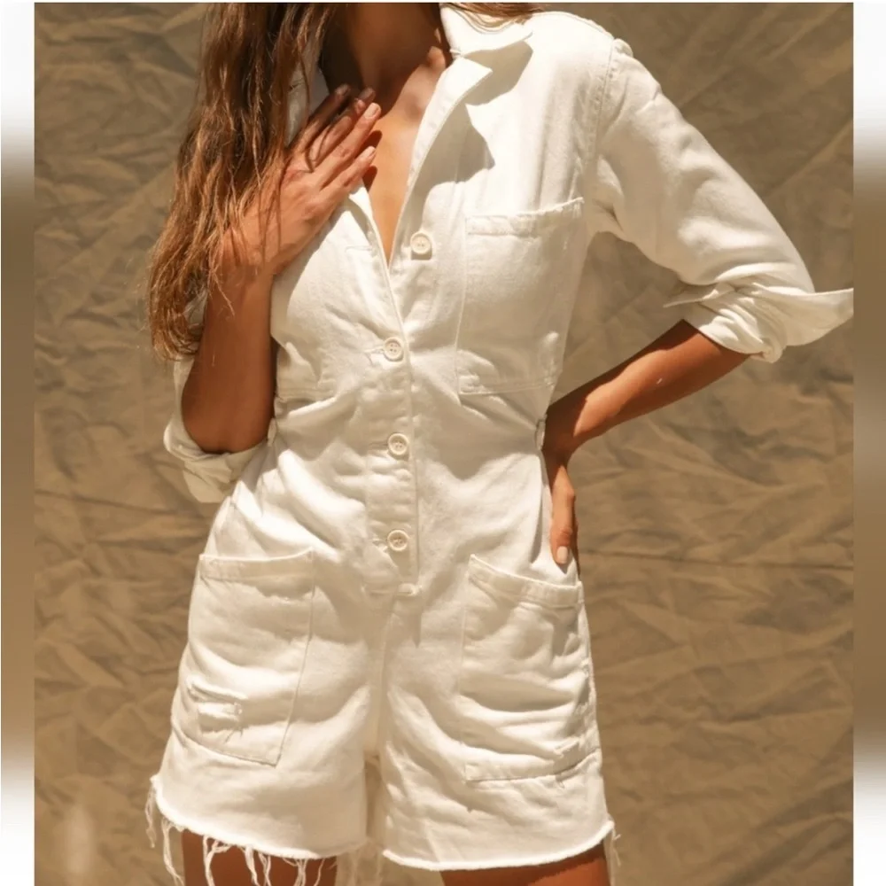 Pistola Romper Freda Button Down Long Sleeve in White Denim